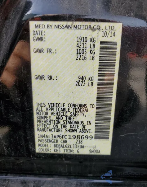 2015 Nissan Altima 2.5 from USA, damaged, VIN 1N4AL3AP6FC198699
